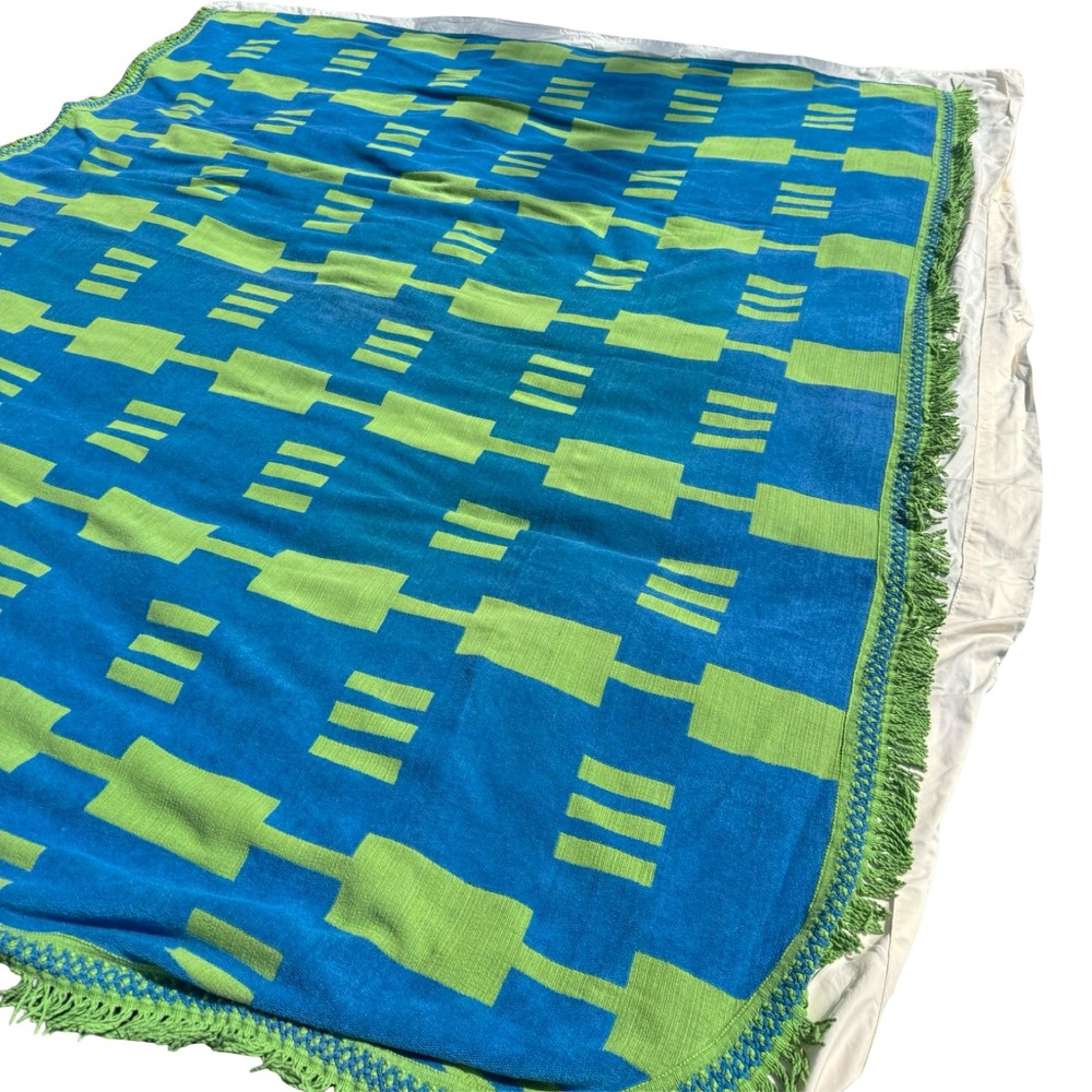Vintage Morgan-Jones MCM Geometric Bedspread Cobalt Chartreuse Fringe USA